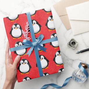 Cute Penguin Cartoon Custom Winter Red Wrapping Paper