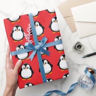 Cute Penguin Cartoon Custom Winter Red Wrapping Paper
