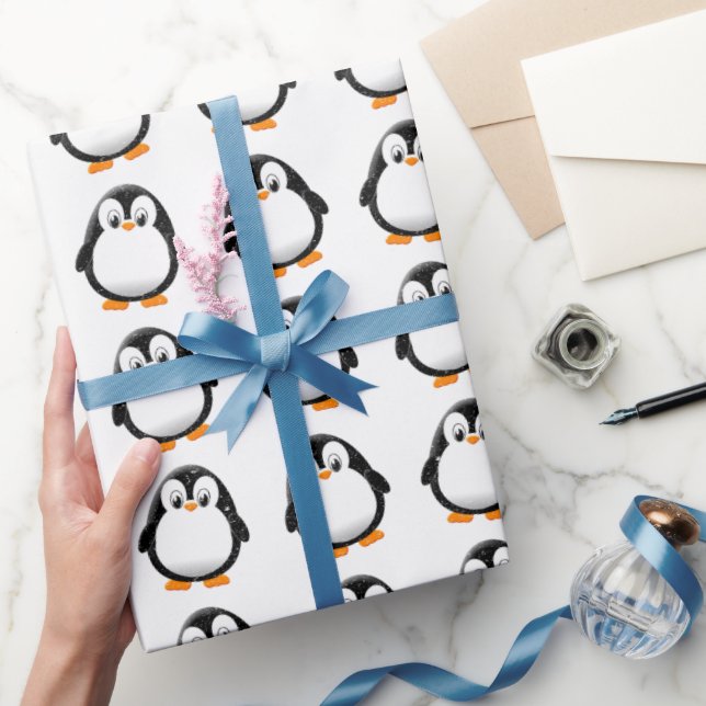 Cute Penguin Cartoon Custom Winter White Wrapping Paper (Gifting)