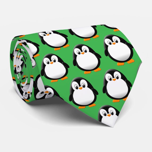 Cute Penguin Cartoon Green  Tie (Rolled)