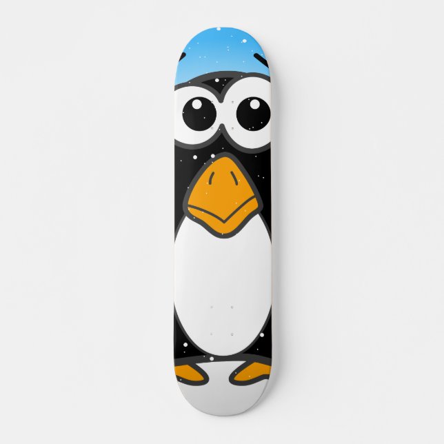 Cute Penguin Cartoon Illustrated Blue Skateboard (Front)