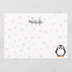 Cute Penguin Cartoon Red Hearts Custom Monogram Card