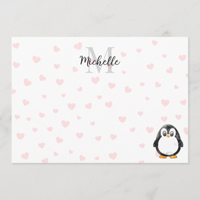 Cute Penguin Cartoon Red Hearts Custom Monogram Card (Front)