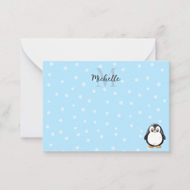 Cute Penguin Cartoon Snow Custom Monogram Card (Front)