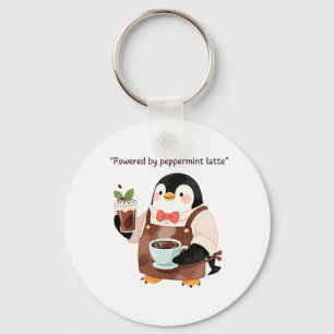 Cute penguin character serving peppermint latte key ring