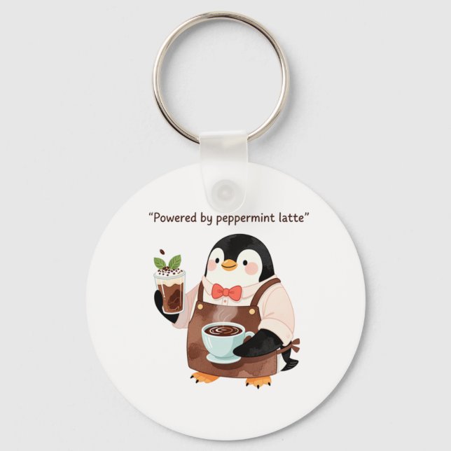 Cute penguin character serving peppermint latte key ring (Front)