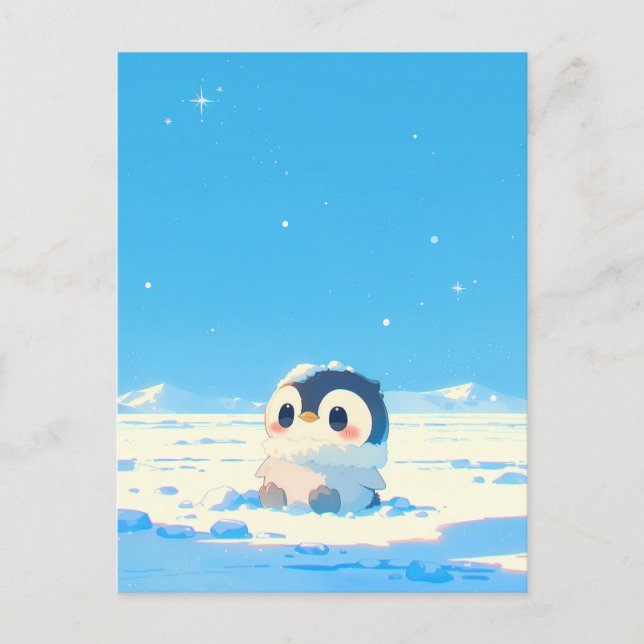 Cute Penguin Chick in Starry Arctic Landscape Postcard (Front)