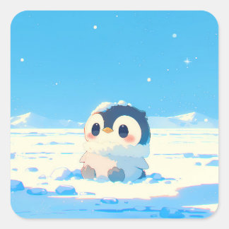 Cute Penguin Chick in Starry Arctic Landscape Square Sticker