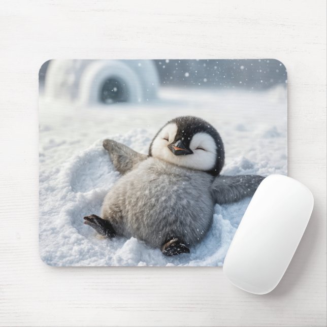 Cute Penguin Chick Making a Snow Angel Mouse Mat (With Mouse)