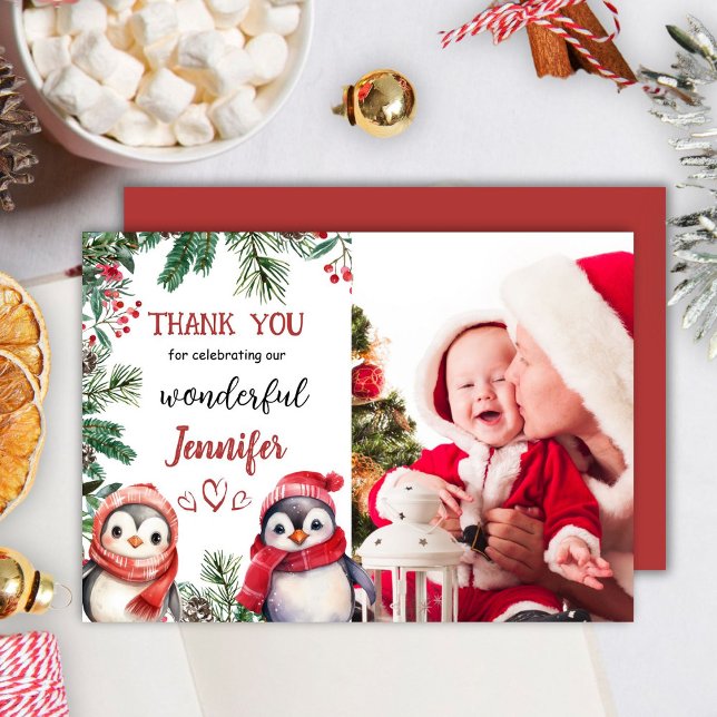 Cute Penguin Christmas 2nd Birthday Thank You Card (Creator Uploaded)