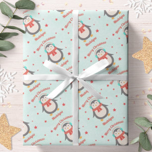 Cute Penguin Christmas Aqua Snow  Personalised Wrapping Paper