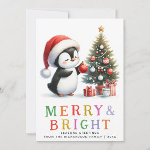 Cute Penguin Christmas Colourful Merry and Bright Holiday Card