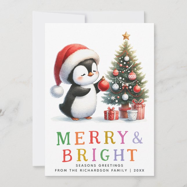 Cute Penguin Christmas Colourful Merry and Bright Holiday Card (Front)