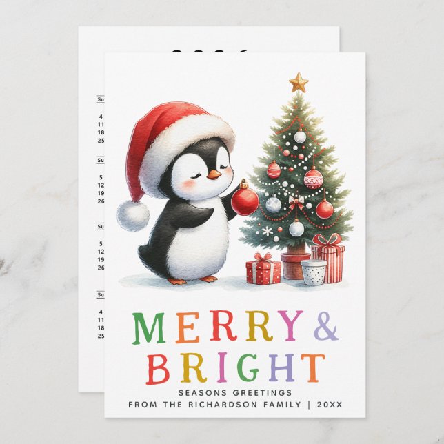 Cute Penguin Christmas Colourful Merry and Bright Holiday Card (Front/Back)