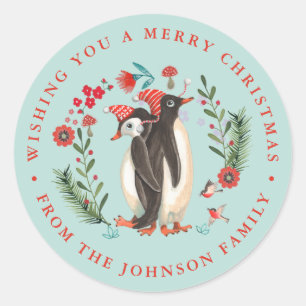 Cute Penguin Christmas Holiday Name blue Classic Round Sticker