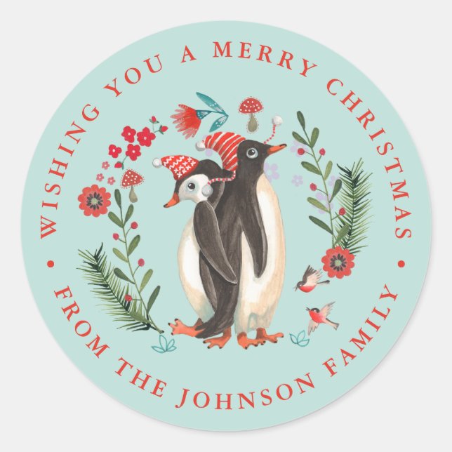 Cute Penguin Christmas Holiday Name blue Classic Round Sticker (Front)