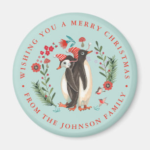 Cute Penguin Christmas Holiday Name blue Magnet