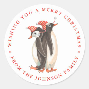 Cute Penguin Christmas Holiday Name Classic Round Sticker