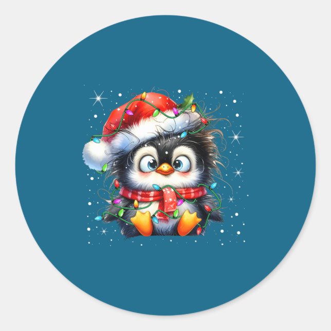 Cute Penguin Christmas Lights Penguins Lover Girls Classic Round Sticker (Front)