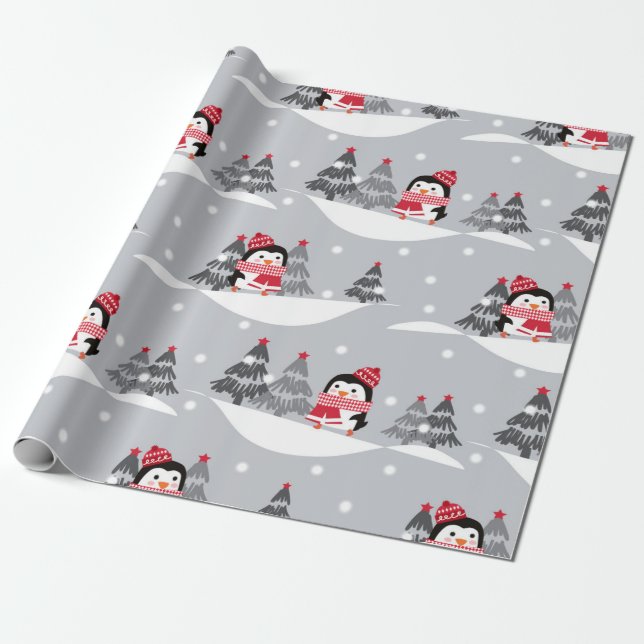 Cute Penguin Christmas Pattern Wrapping Paper (Unrolled)