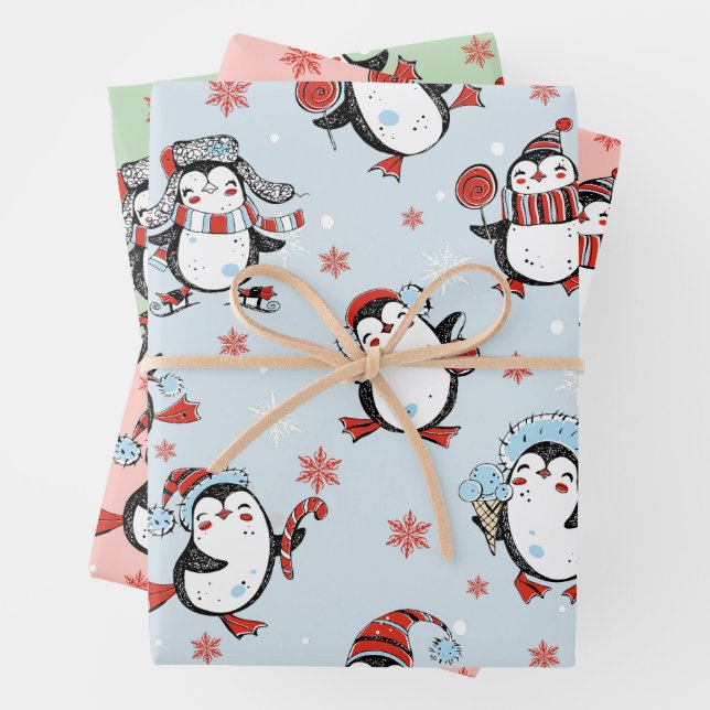 Cute Penguin Christmas Pattern Wrapping Paper Sheet (In situ)