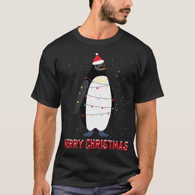 Cute penguin Christmas Tree Lights T-Shirt (Front)