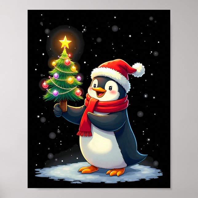 Cute Penguin Christmas Tree Pajama Girls Boys Funn Poster (Front)