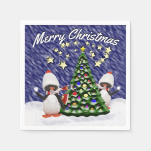 Cute Penguin Christmas Tree Snow Scene Template Napkin