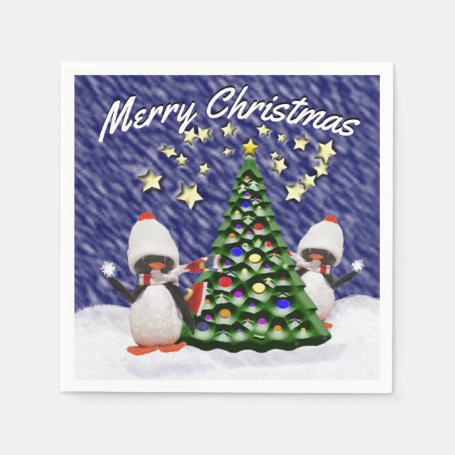 Cute Penguin Christmas Tree Snow Scene Template Napkin (Front)