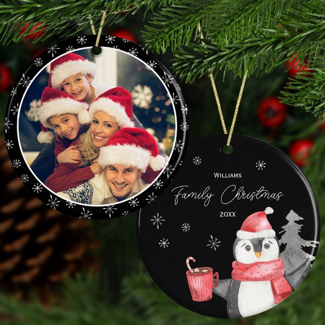 Cute Penguin Christmas w Family Name Year + Photo Ceramic Tree Decoration (Creator Uploaded)