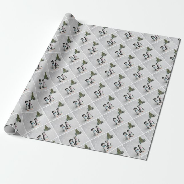 Cute Penguin Christmas Wrapping Paper (Unrolled)