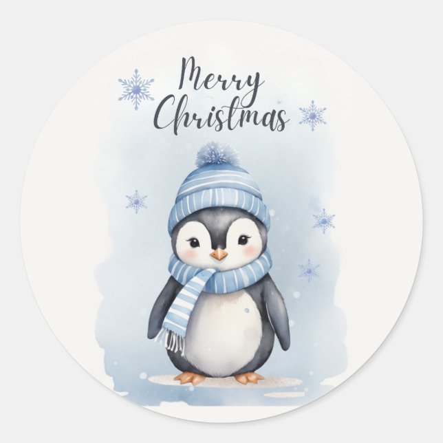 "Cute Penguin" Classic Round Sticker (Front)