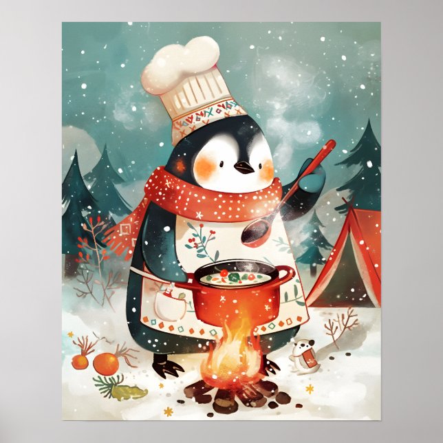 Cute Penguin Cooking Watercolor Winter Nursery Poster (Front)