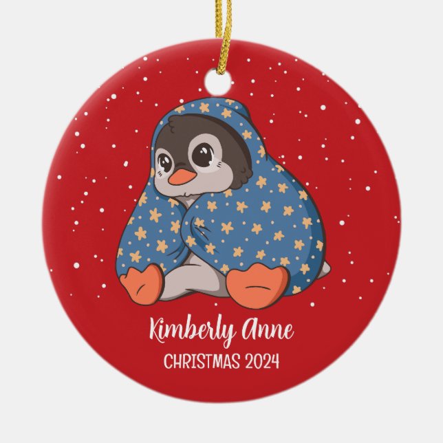 Cute Penguin Cosy Christmas Snowy Winter Holiday Ceramic Tree Decoration (Front)