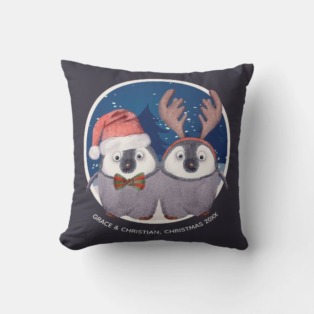 Cute Penguin Couple Christmas Cushion (Front)