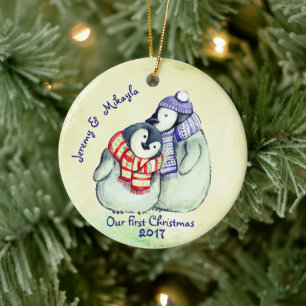 Cute Penguin Couple "Our First Christmas" Ceramic Tree Decoration