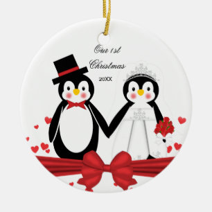 Cute Penguin Couple Wedding 1st Christmas Ornament