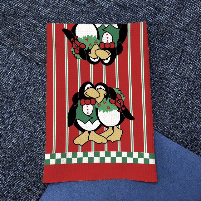 Cute Penguin Couple Whimsical Christmas Love Red Tea Towel (Romantic Christmas penguin couple on red and green kitchen towel)