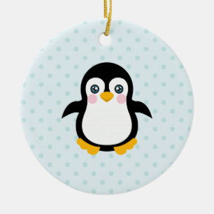 Cute Penguin Design Blue Polka Dot Background Ceramic Tree Decoration