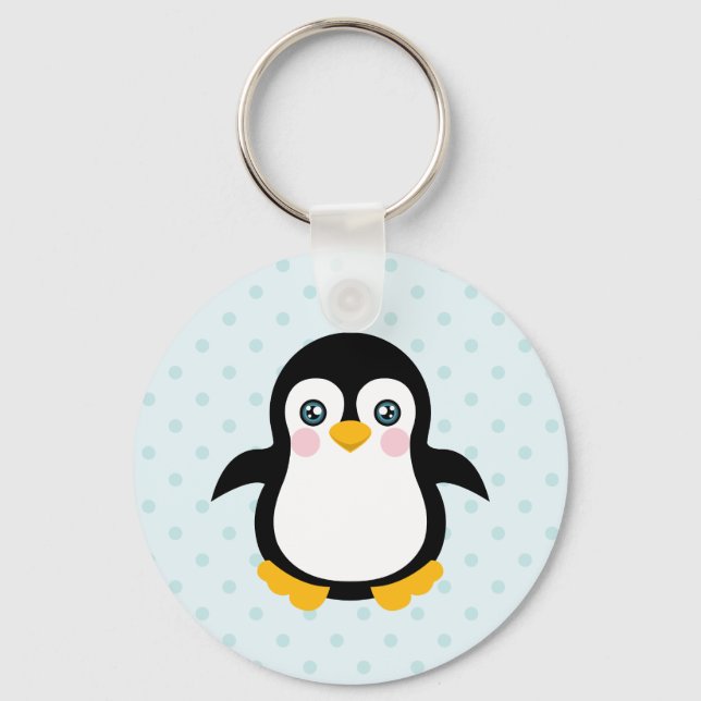 Cute Penguin Design Blue Polka Dot Background Key Ring (Front)