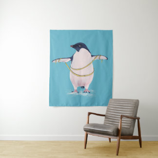Cute Penguin Dieting Blue Tapestry