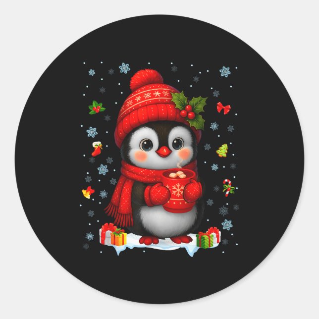 Cute Penguin Drink Hot Cocoa Christmas Xmas Men Wo Classic Round Sticker (Front)