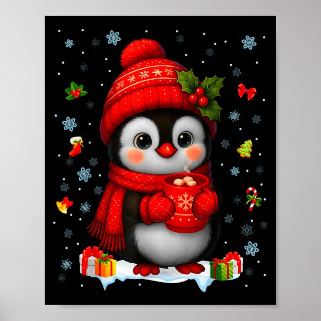 Cute Penguin Drink Hot Cocoa Christmas Xmas Men Wo Poster (Front)