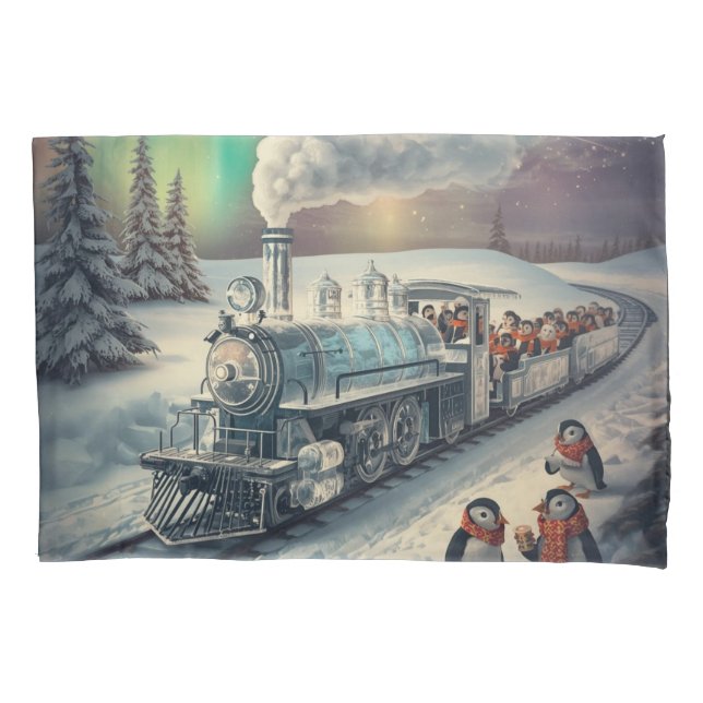 Cute Penguin Express Train Northern Lights Pillowcase (Front)