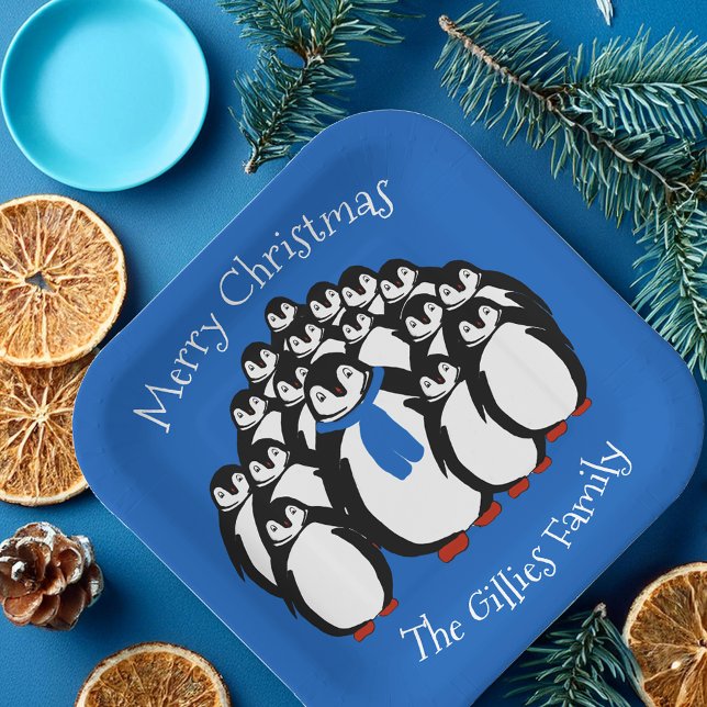 Cute Penguin Family  Christmas Blue Party Plates (Creator Uploaded)