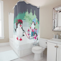 Cute Penguin Family in Festive Forest Snow Scene