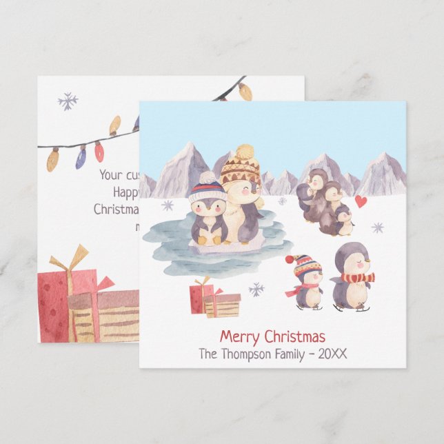 Cute Penguin Family Merry Christmas Holiday Card (Front/Back)