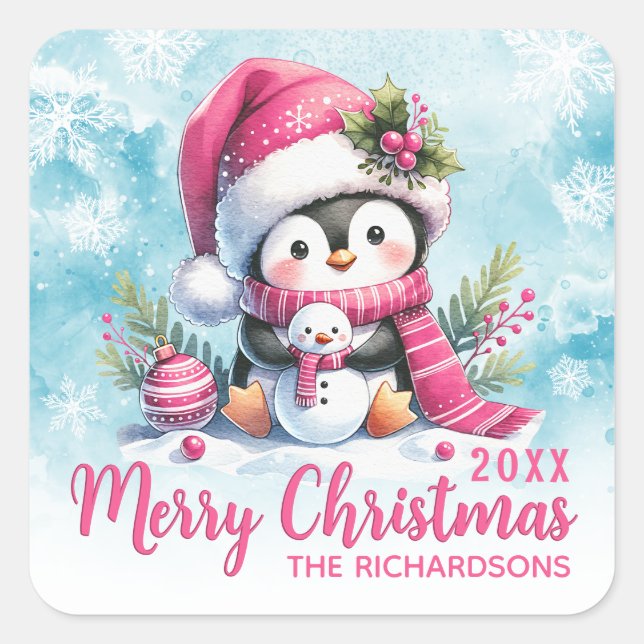 Cute Penguin Family Name Pink Merry Christmas Square Sticker (Front)