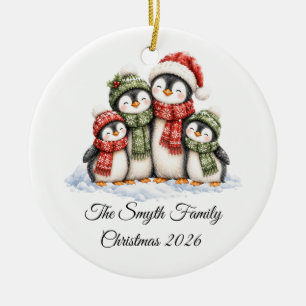Cute Penguin Family of 4 Custom Christmas Ceramic Tree Decoration