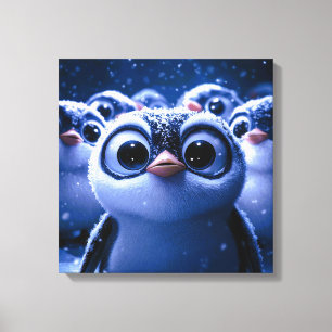 Cute Penguin Family Snowy Winter Night Canvas Print